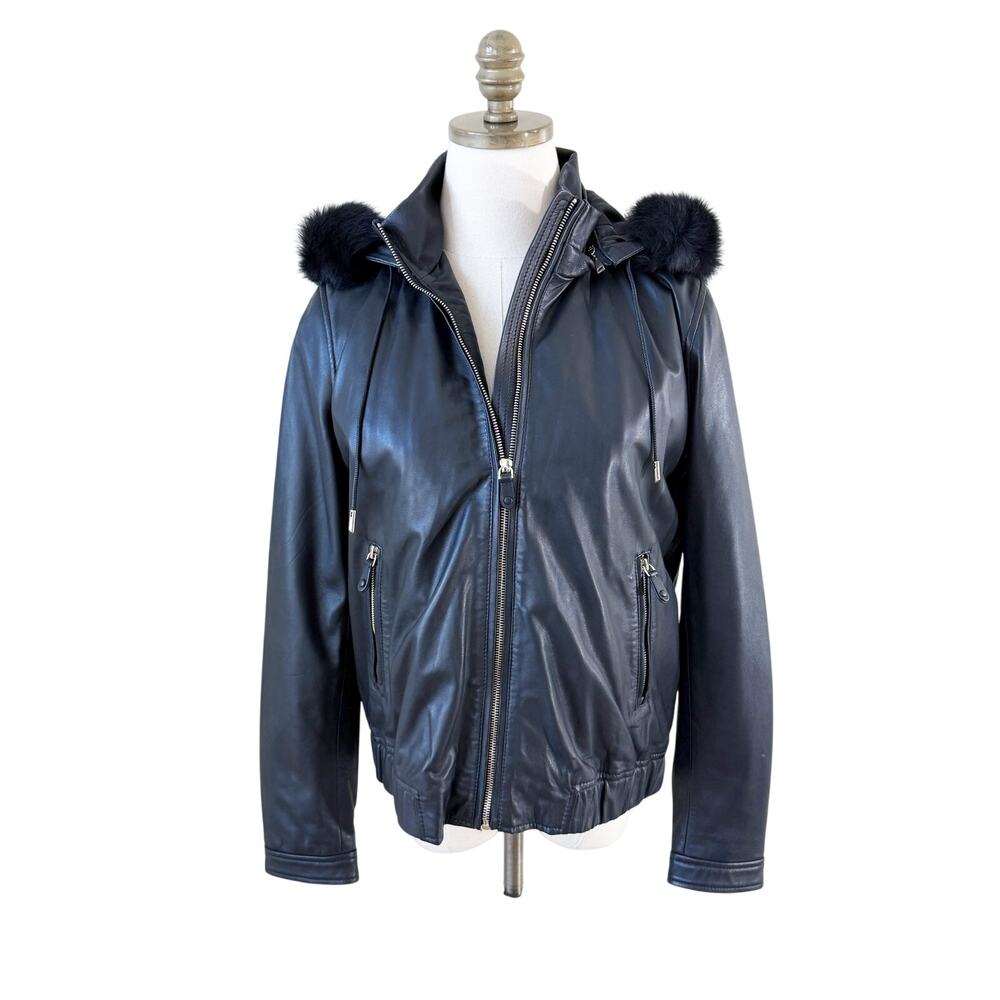 Massimo Dutti Black Faux Leather Hooded Jacket Size Medium Zip Up Made in India